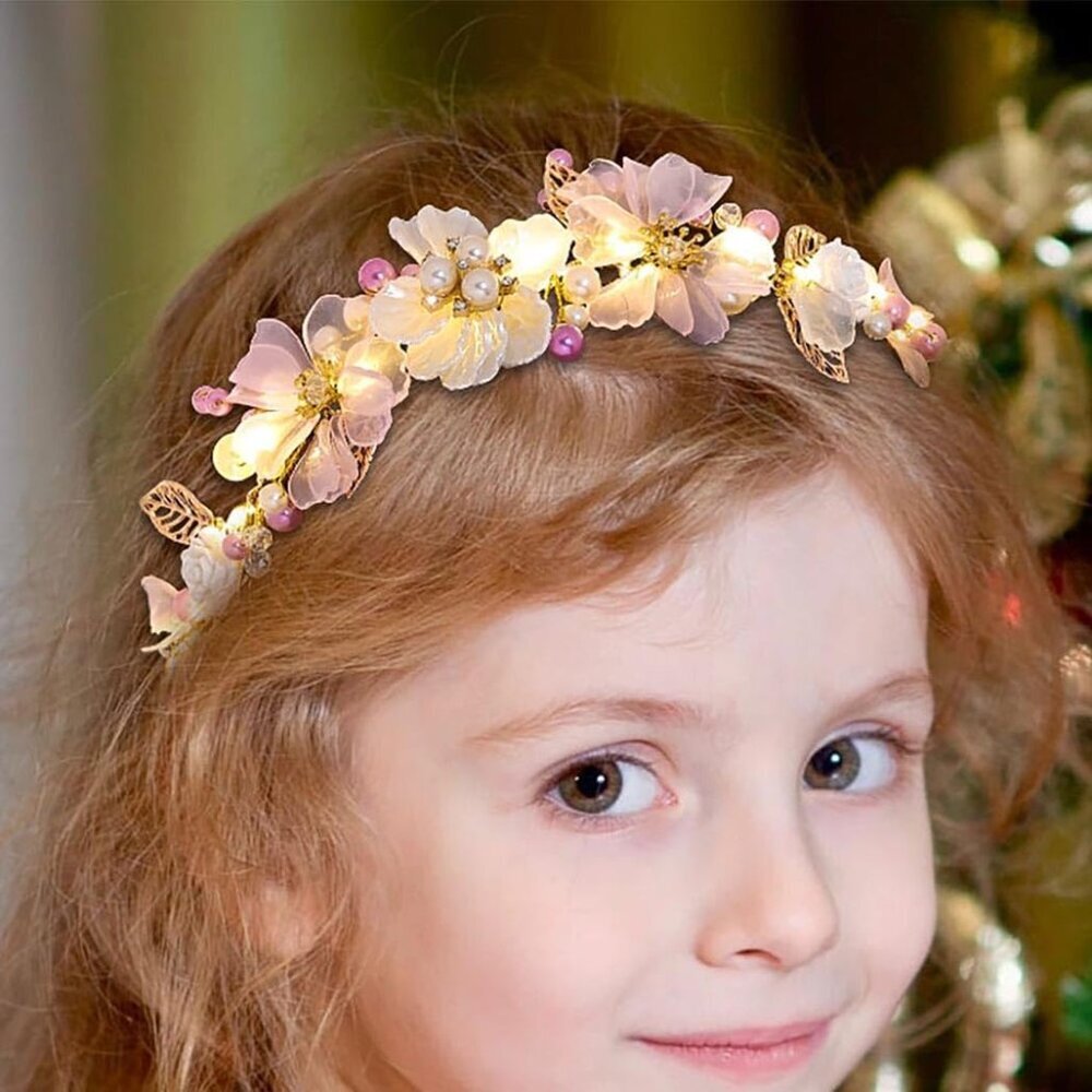 LED Flower Girl Headband Gold Pearl Wedding Hair Accessories for Girls